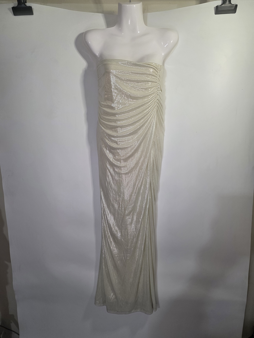 Strapless White Fox Ruched Evening Gown in Blush Gold Size XS.